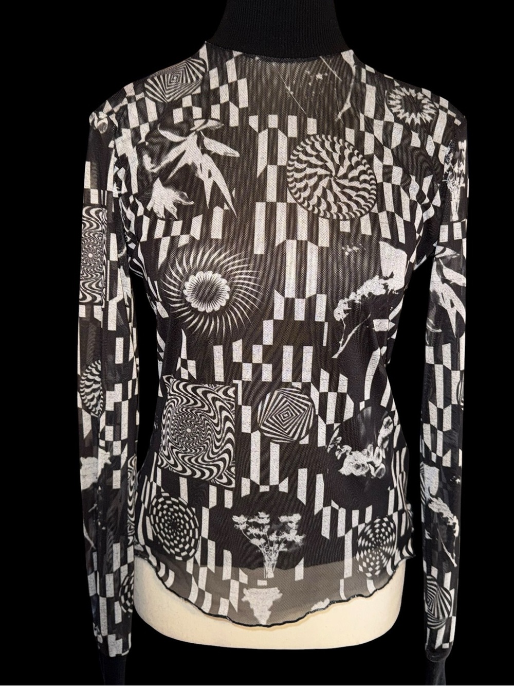 Desigual Susanne Womens M Psychedelic Mesh Tulle Top 23WWTKAB Black White